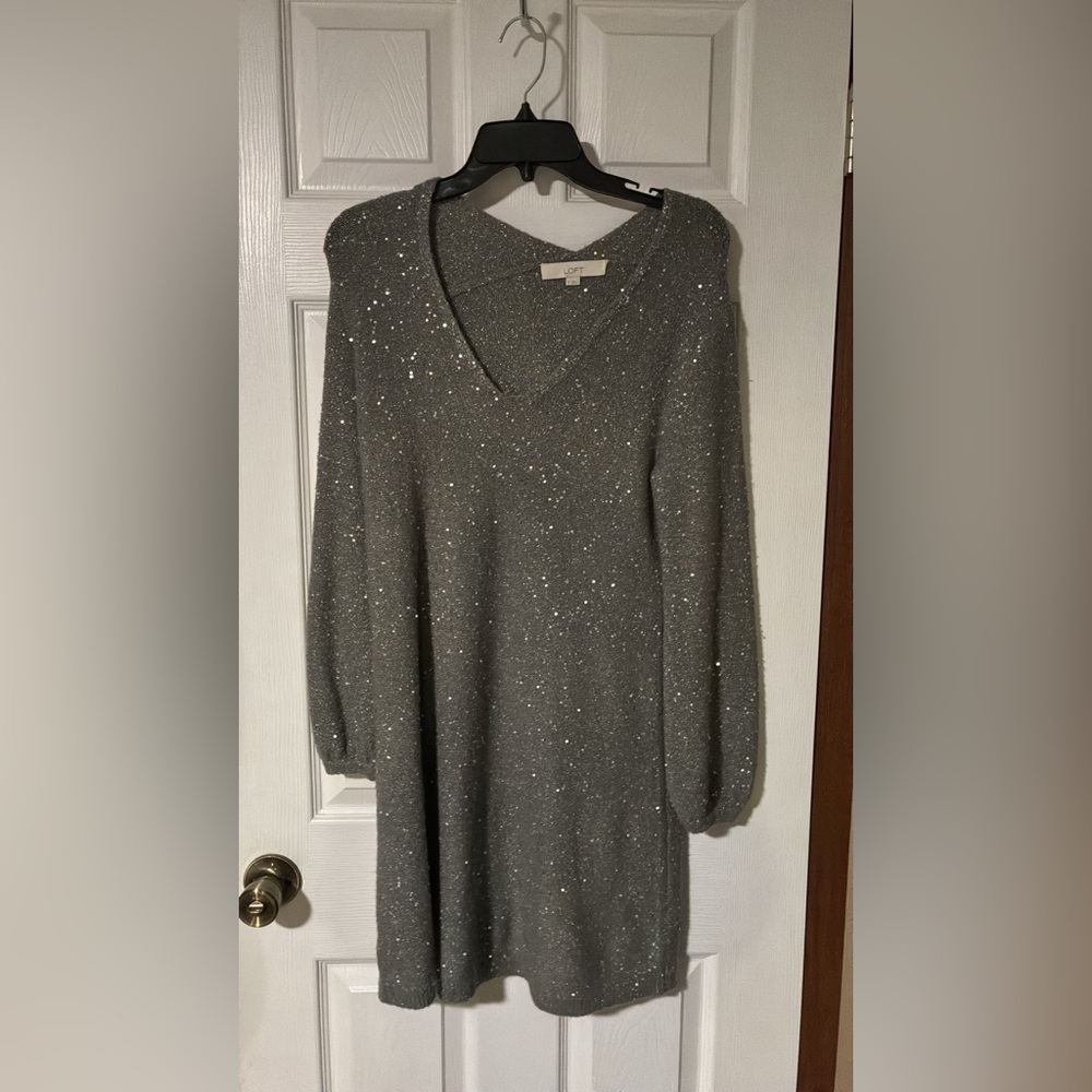 LOFT Silver Glitter Long Sleeve Dress